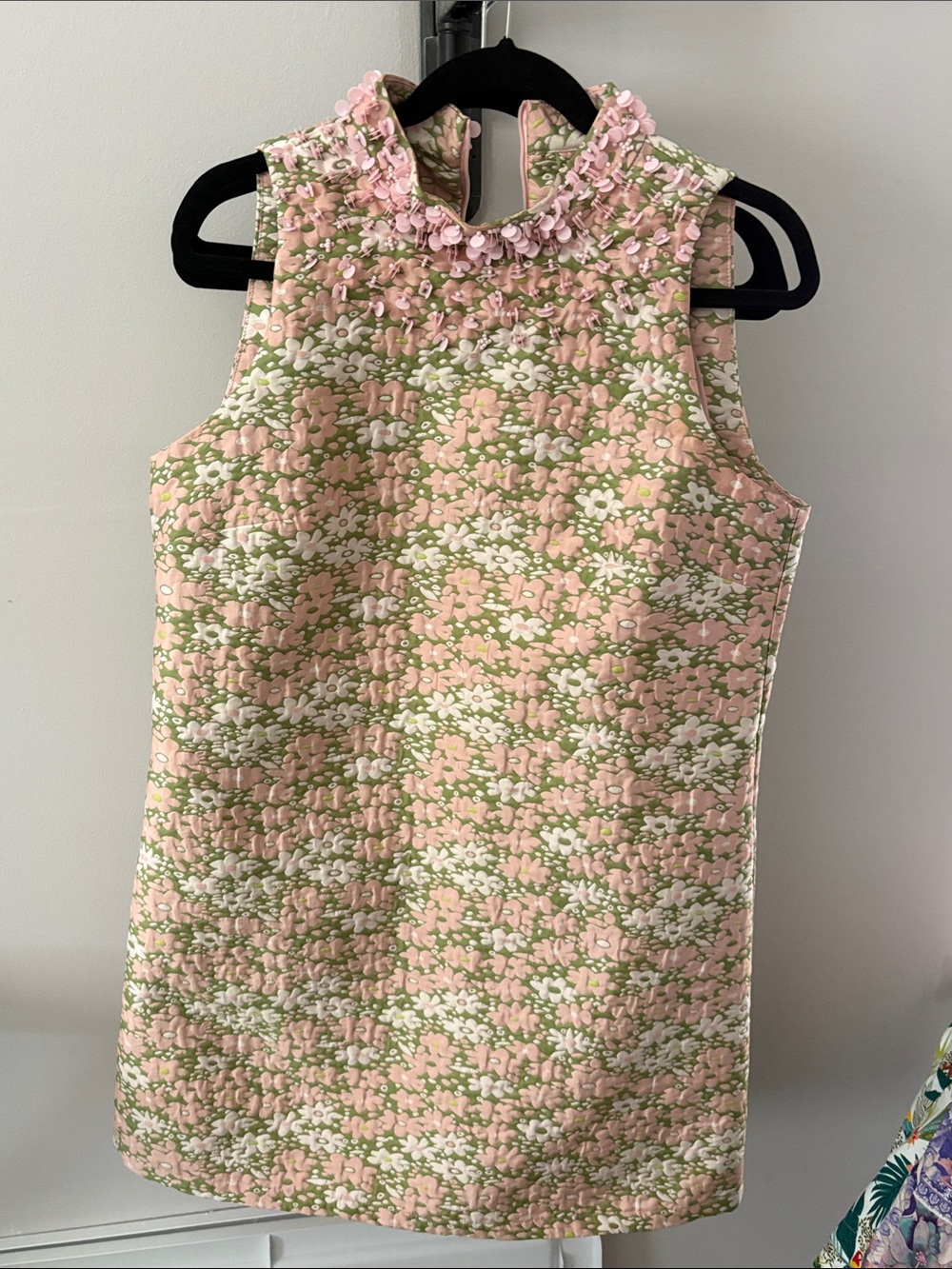 Women’s ' Sleeveless Pink & Green Floral Dress with Embellished Neckline